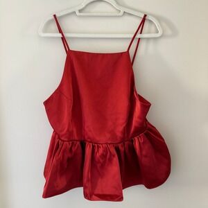 HM Red Satin Peplum Top High Neck Spaghetti Strap Open Back NWT Large